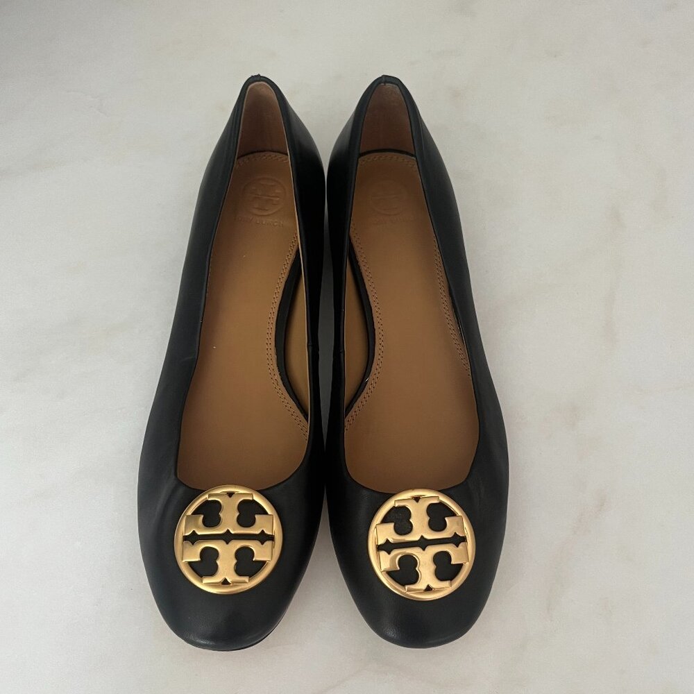 Tory Burch Black Leather Ballet Flats with Gold Logo Medallions